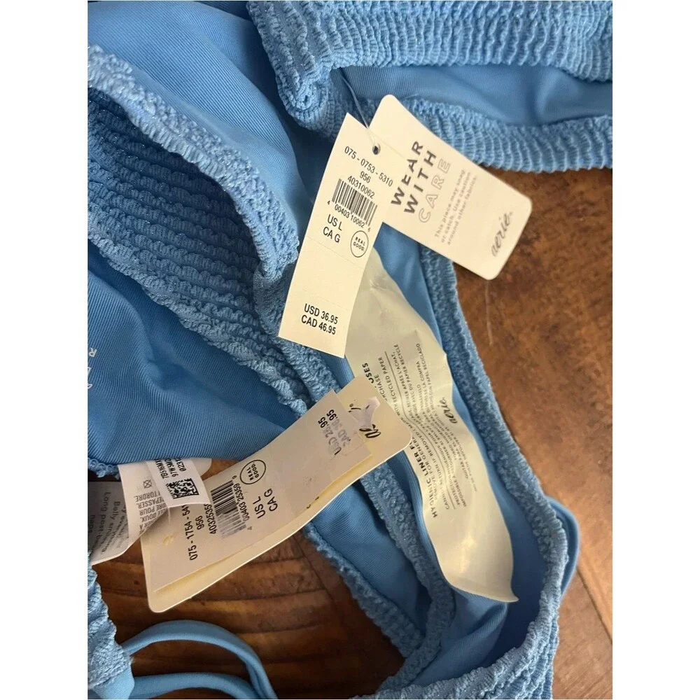 NWT Aerie FULL SET Shimmery Crinkle Lace Up Scoop Top + Tie Bottoms Blue - Sz L